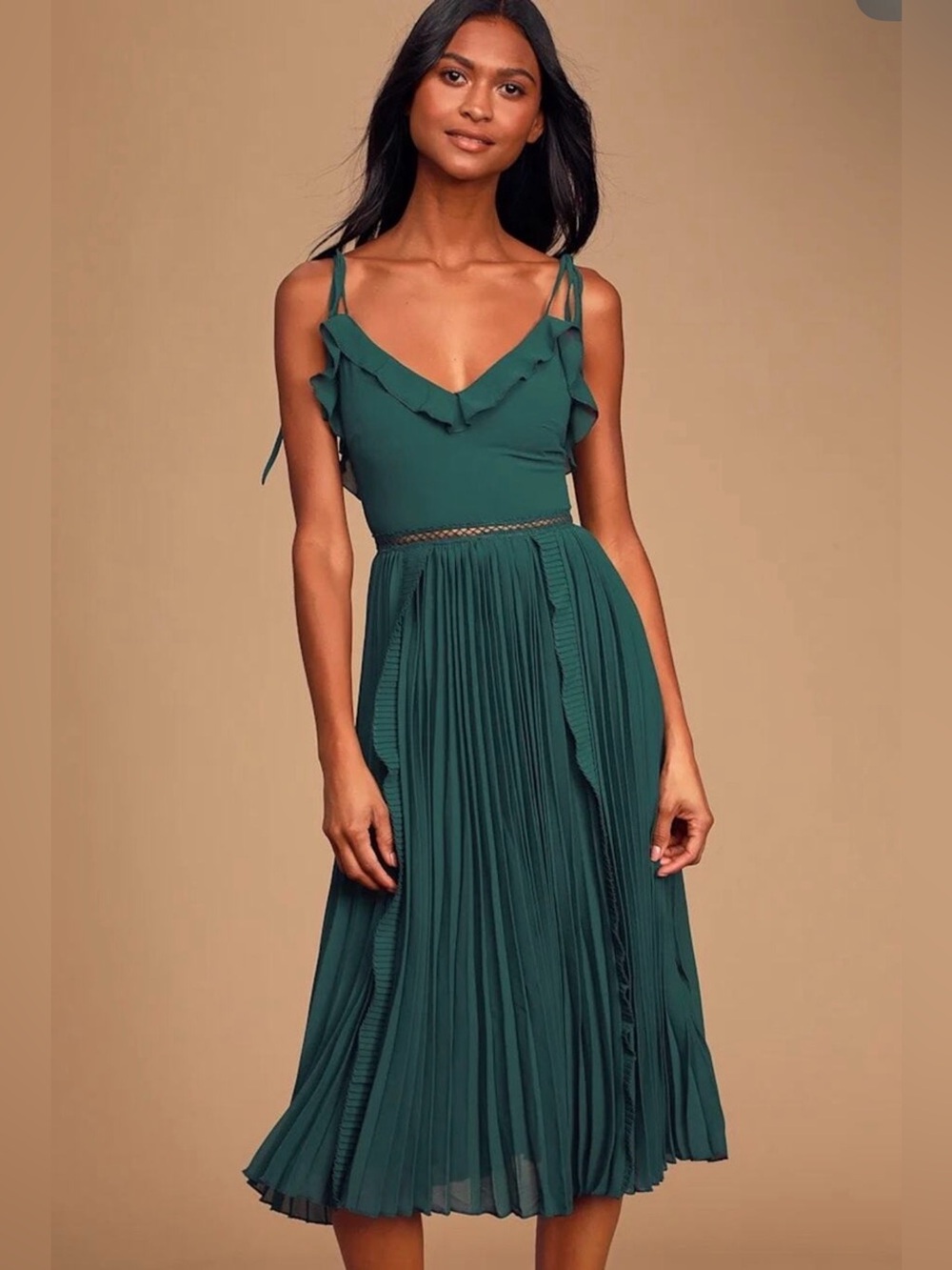 Luluโs Green Ruffle-Trim Pleated Midi Dress